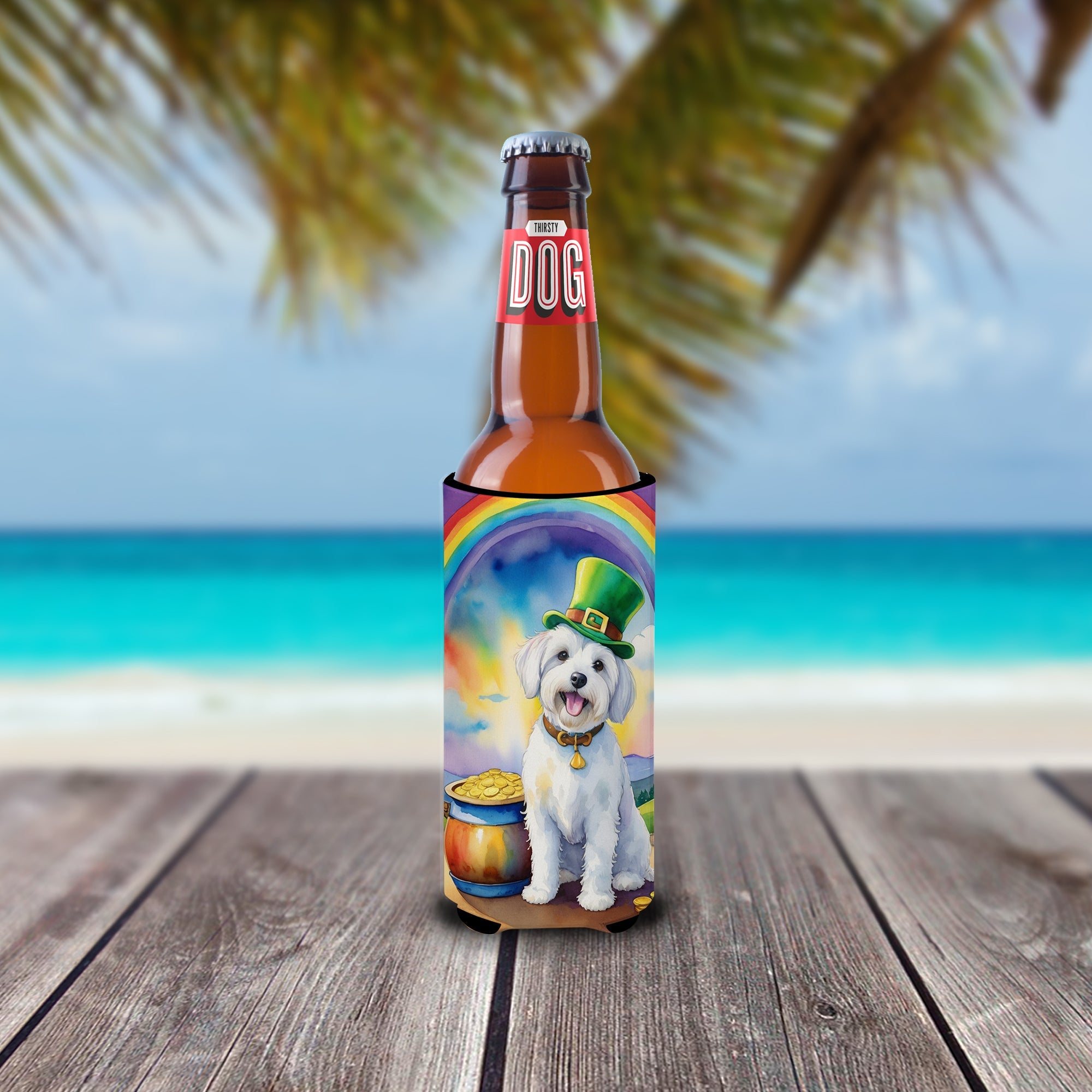 Coton de Tulear St Patrick's Day Slim Can Hugger , Insulated Foam Hugger for 12 oz Slim Cans, Beer Bottles & Water Bottles, Printed in USA