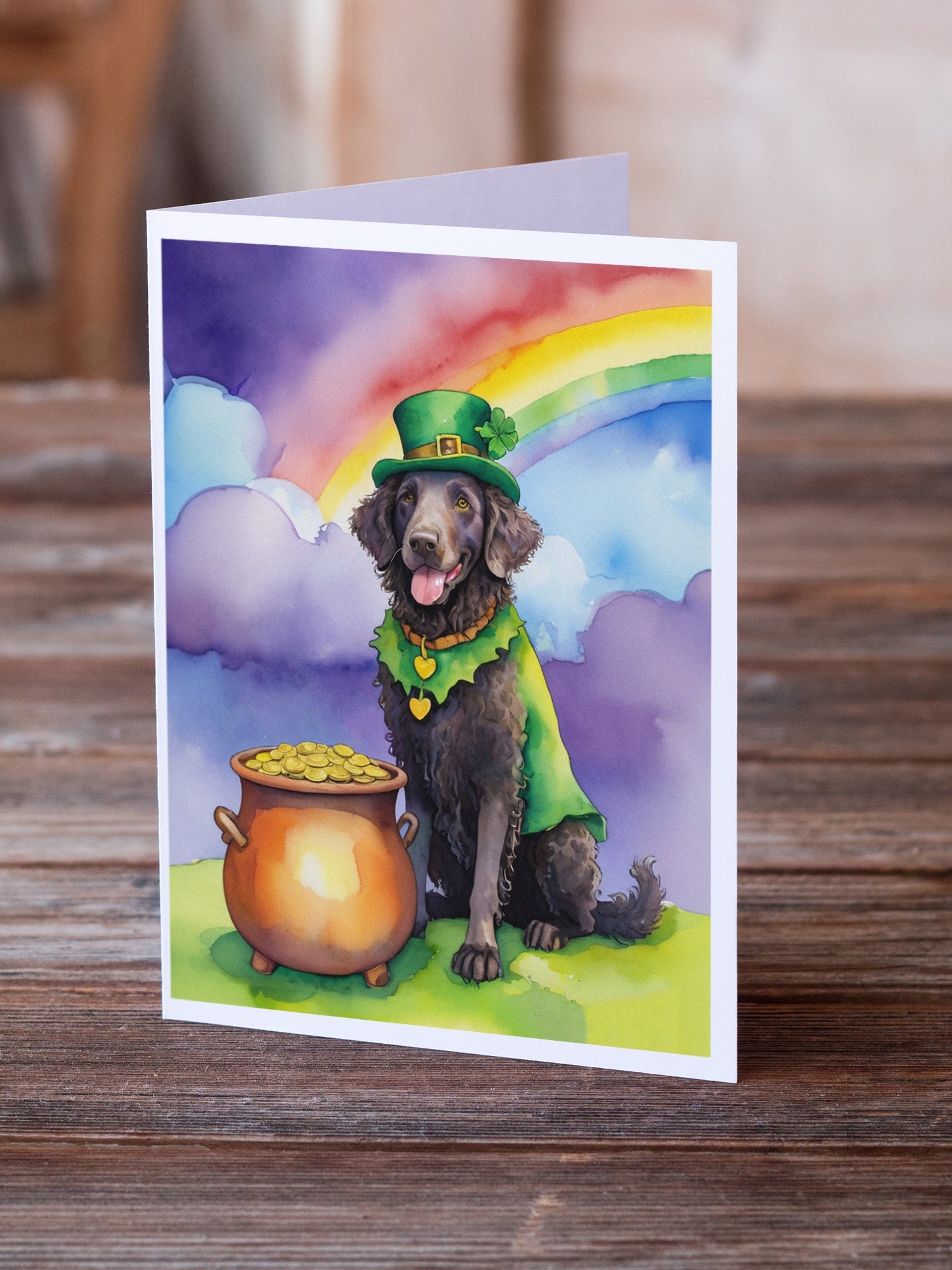 Curly-Coated Retriever St Patrick's Day Greeting Cards Pack of 8 Blank Cards with Envelopes Whimsical A7 Size 5x7