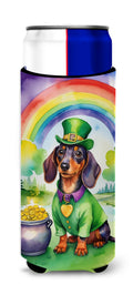 Dachshund St Patrick's Day Slim Can Hugger , Insulated Foam Hugger for 12 oz Slim Cans, Beer Bottles & Water Bottles, Printed in USA