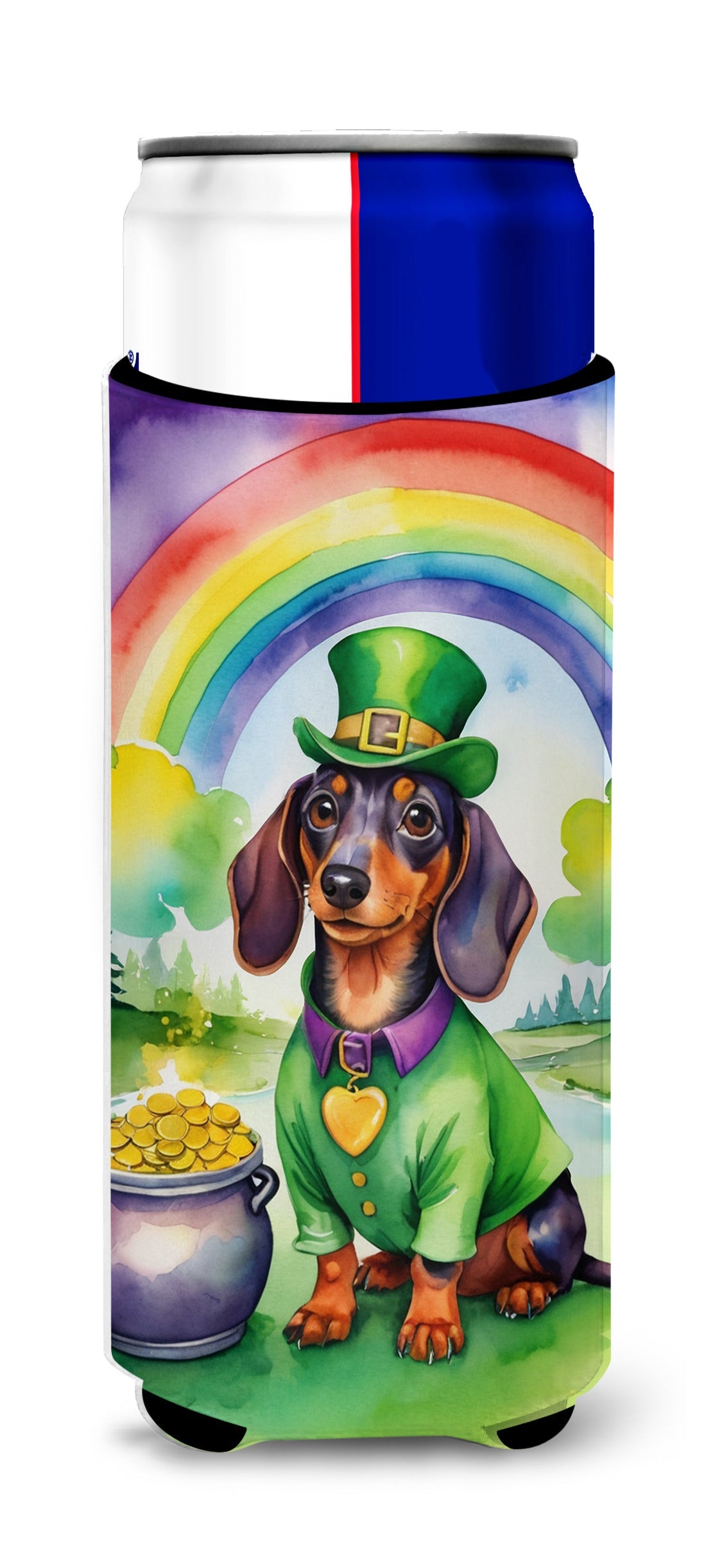 Dachshund St Patrick's Day Slim Can Hugger , Insulated Foam Hugger for 12 oz Slim Cans, Beer Bottles & Water Bottles, Printed in USA