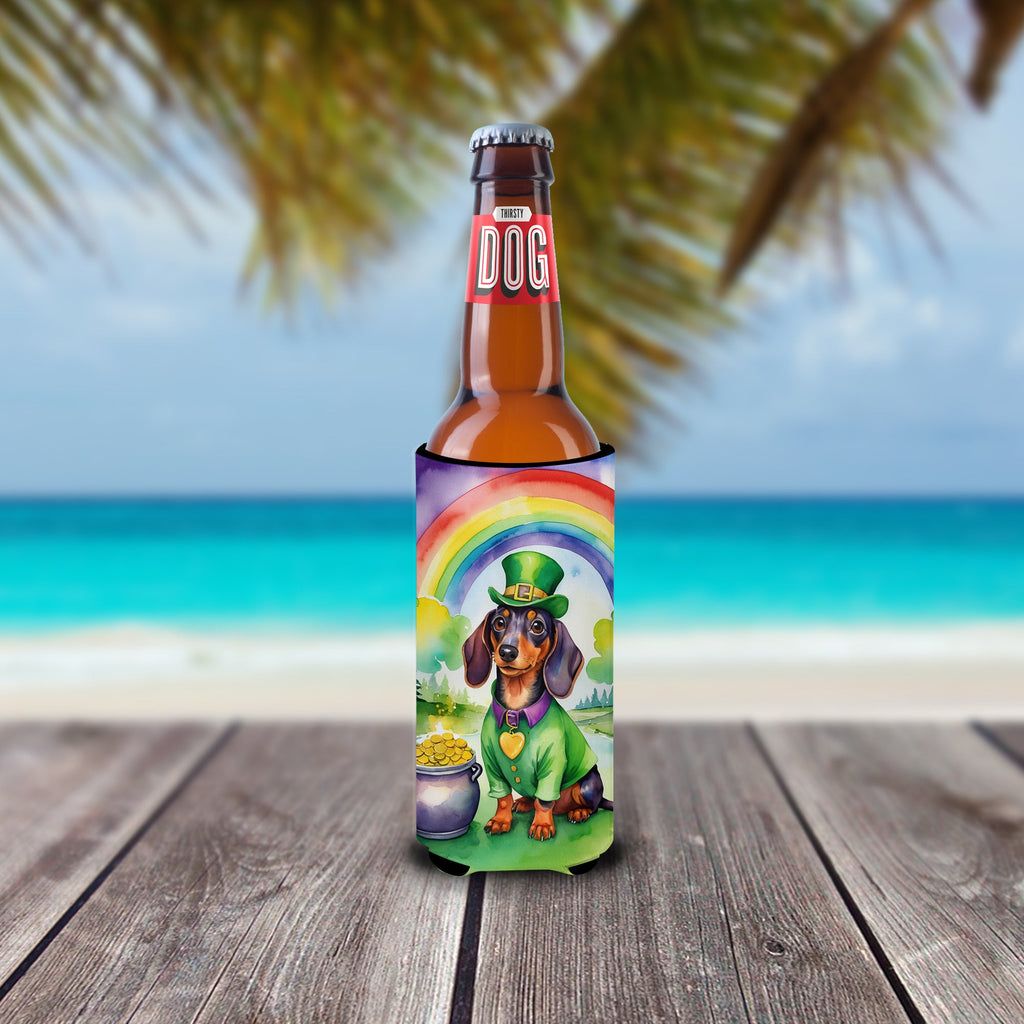Dachshund St Patrick's Day Slim Can Hugger , Insulated Foam Hugger for 12 oz Slim Cans, Beer Bottles & Water Bottles, Printed in USA
