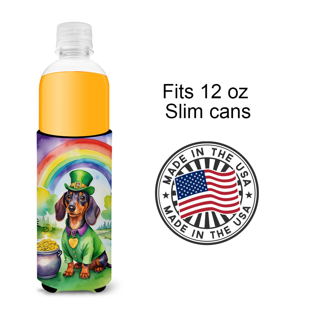 Dachshund St Patrick's Day Slim Can Hugger , Insulated Foam Hugger for 12 oz Slim Cans, Beer Bottles & Water Bottles, Printed in USA