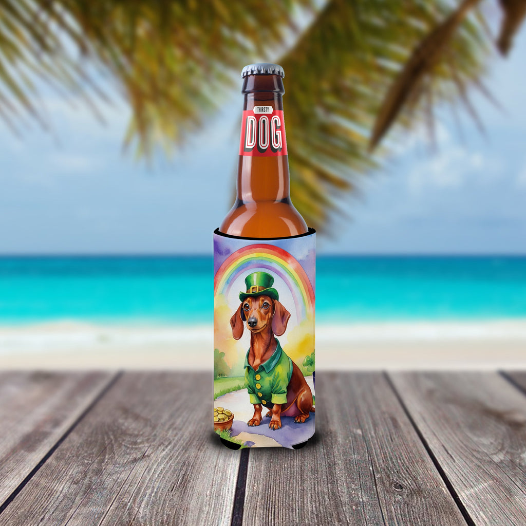 Dachshund St Patrick's Day Slim Can Hugger , Insulated Foam Hugger for 12 oz Slim Cans, Beer Bottles & Water Bottles, Printed in USA