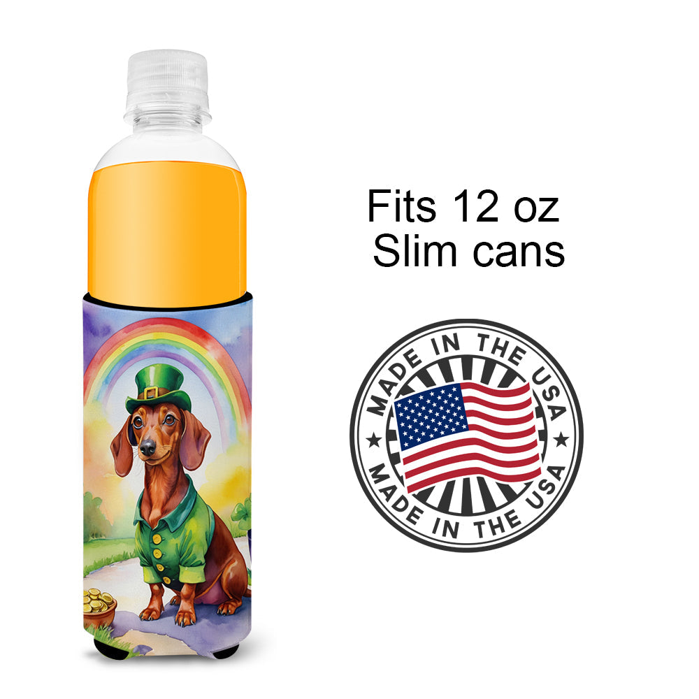 Dachshund St Patrick's Day Slim Can Hugger , Insulated Foam Hugger for 12 oz Slim Cans, Beer Bottles & Water Bottles, Printed in USA
