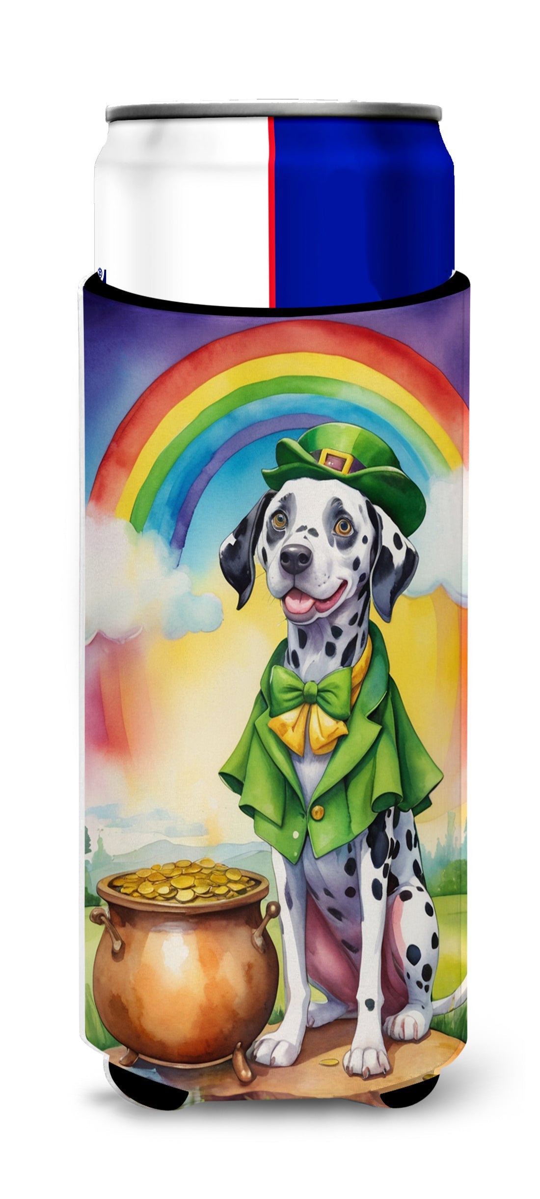Dalmatian St Patrick's Day Slim Can Hugger , Insulated Foam Hugger for 12 oz Slim Cans, Beer Bottles & Water Bottles, Printed in USA