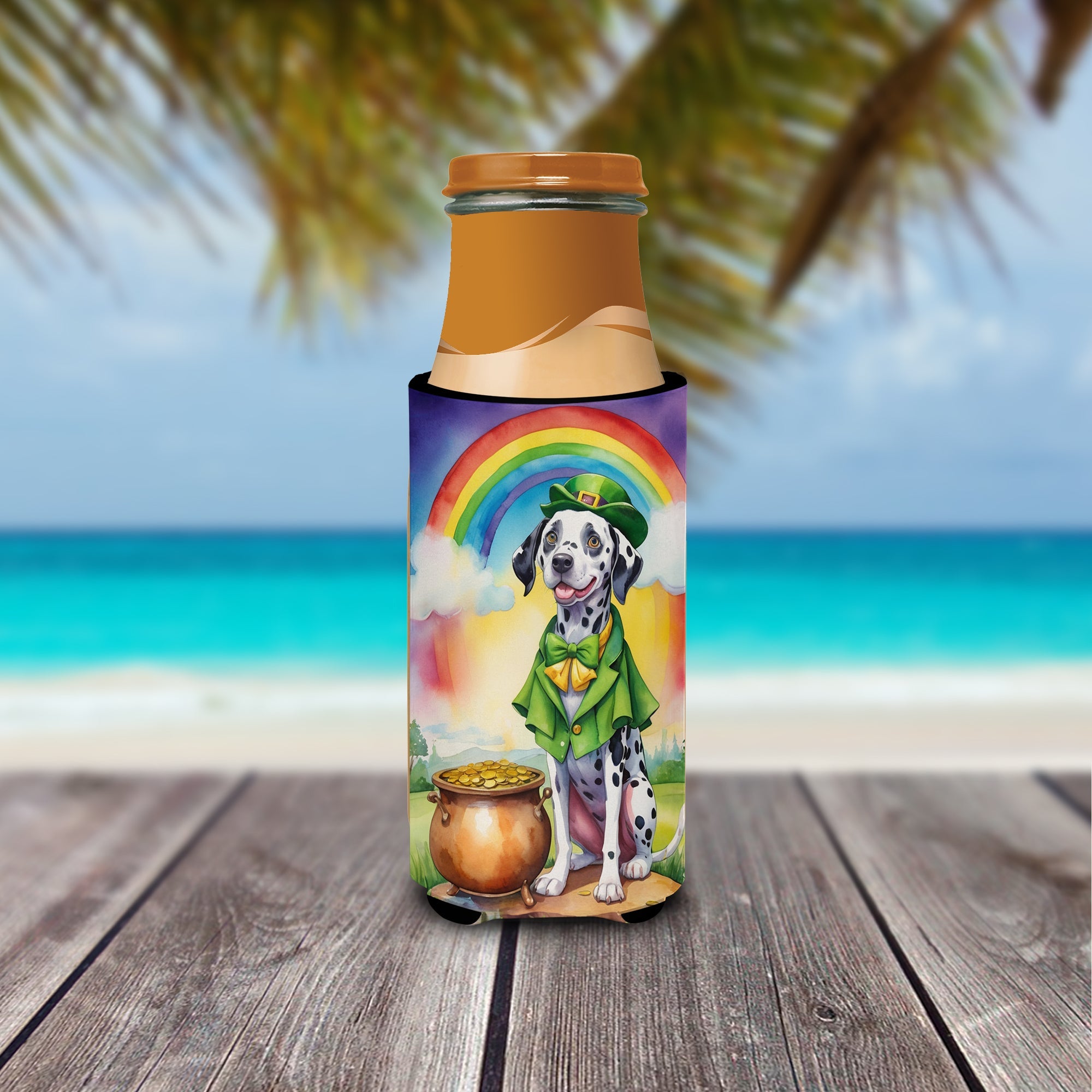 Dalmatian St Patrick's Day Slim Can Hugger , Insulated Foam Hugger for 12 oz Slim Cans, Beer Bottles & Water Bottles, Printed in USA