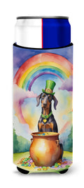 Doberman Pinscher St Patrick's Day Slim Can Hugger , Insulated Foam Hugger for 12 oz Slim Cans, Beer Bottles & Water Bottles, Printed in USA