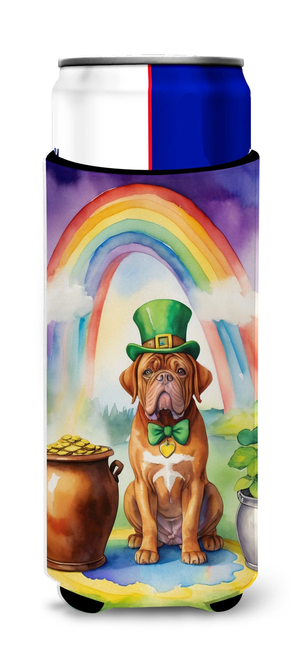 Dogue de Bordeaux St Patrick's Day Slim Can Hugger , Insulated Foam Hugger for 12 oz Slim Cans, Beer Bottles & Water Bottles, Printed in USA