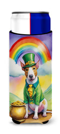 English Bull Terrier St Patrick's Day Slim Can Hugger , Insulated Foam Hugger for 12 oz Slim Cans, Beer Bottles & Water Bottles, Printed in USA