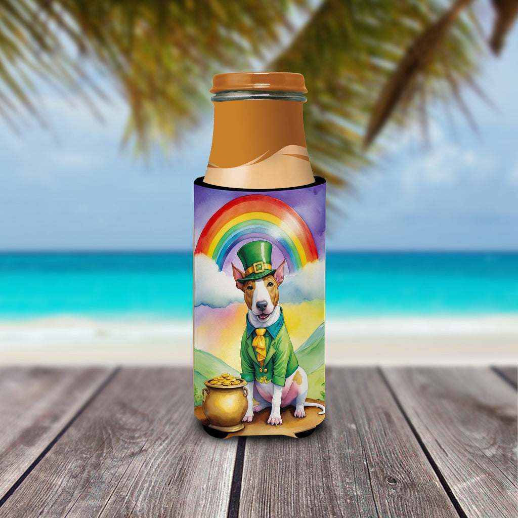 English Bull Terrier St Patrick's Day Slim Can Hugger , Insulated Foam Hugger for 12 oz Slim Cans, Beer Bottles & Water Bottles, Printed in USA