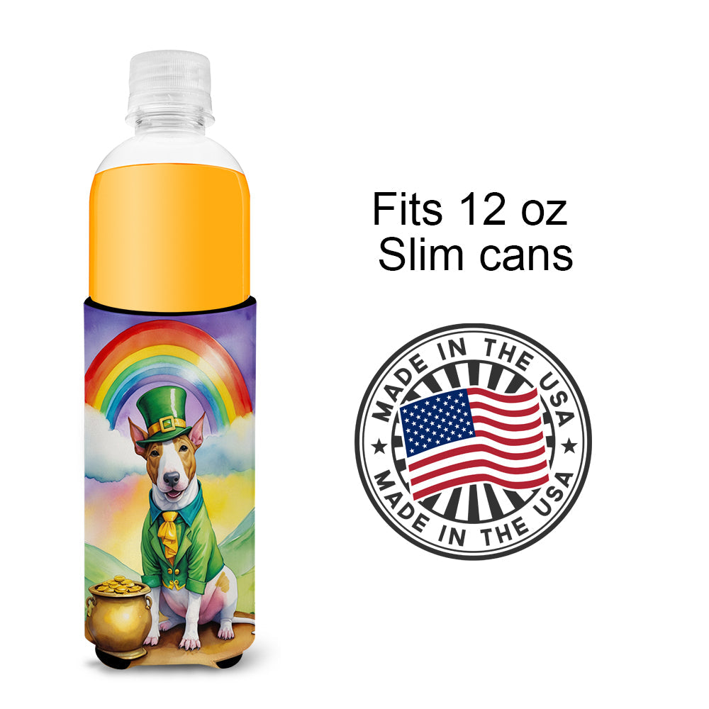 English Bull Terrier St Patrick's Day Slim Can Hugger , Insulated Foam Hugger for 12 oz Slim Cans, Beer Bottles & Water Bottles, Printed in USA