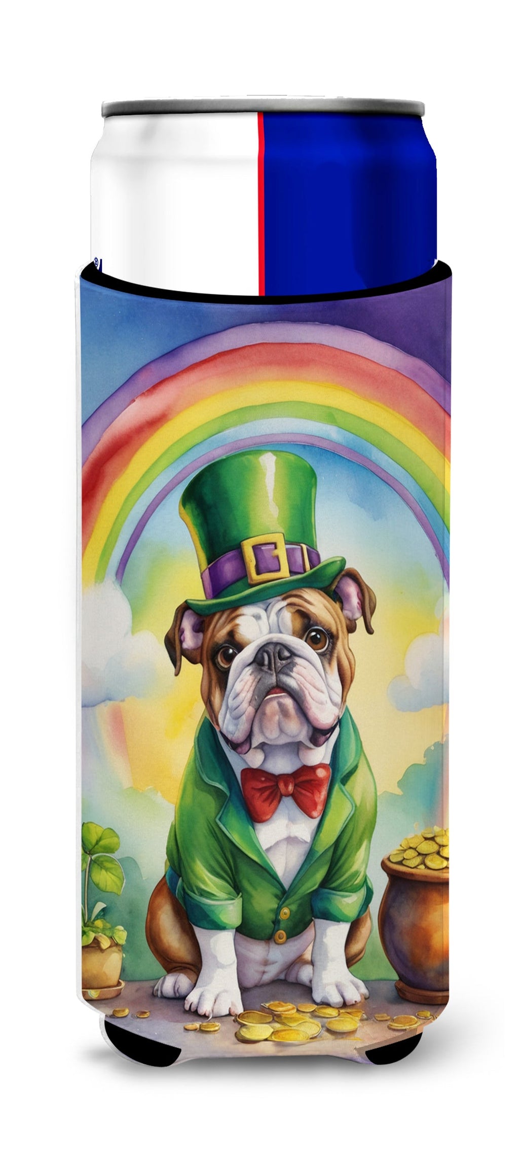 English Bulldog St Patrick's Day Slim Can Hugger , Insulated Foam Hugger for 12 oz Slim Cans, Beer Bottles & Water Bottles, Printed in USA