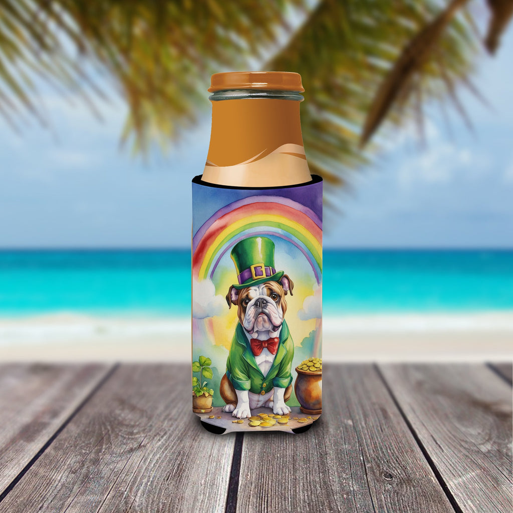 English Bulldog St Patrick's Day Slim Can Hugger , Insulated Foam Hugger for 12 oz Slim Cans, Beer Bottles & Water Bottles, Printed in USA