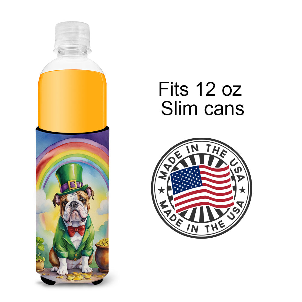 English Bulldog St Patrick's Day Slim Can Hugger , Insulated Foam Hugger for 12 oz Slim Cans, Beer Bottles & Water Bottles, Printed in USA