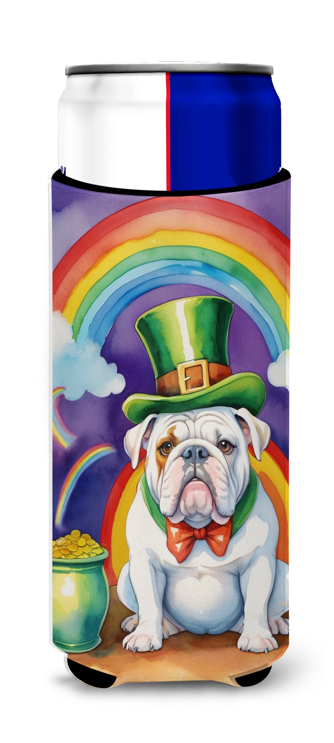 English Bulldog St Patrick's Day Slim Can Hugger , Insulated Foam Hugger for 12 oz Slim Cans, Beer Bottles & Water Bottles, Printed in USA