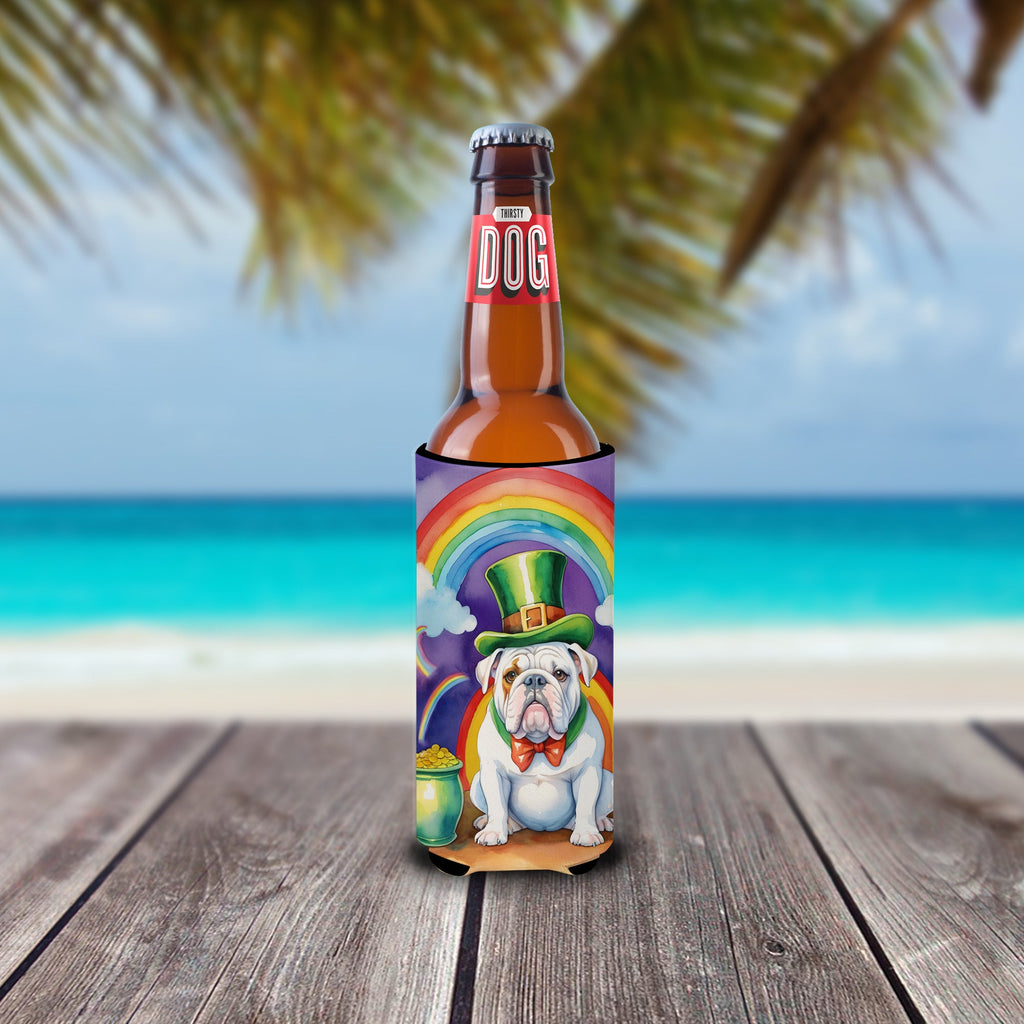 English Bulldog St Patrick's Day Slim Can Hugger , Insulated Foam Hugger for 12 oz Slim Cans, Beer Bottles & Water Bottles, Printed in USA
