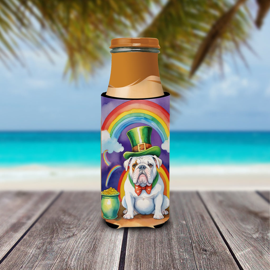 English Bulldog St Patrick's Day Slim Can Hugger , Insulated Foam Hugger for 12 oz Slim Cans, Beer Bottles & Water Bottles, Printed in USA