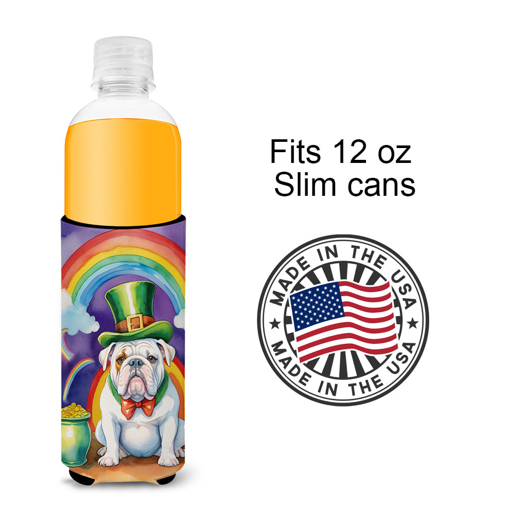 English Bulldog St Patrick's Day Slim Can Hugger , Insulated Foam Hugger for 12 oz Slim Cans, Beer Bottles & Water Bottles, Printed in USA