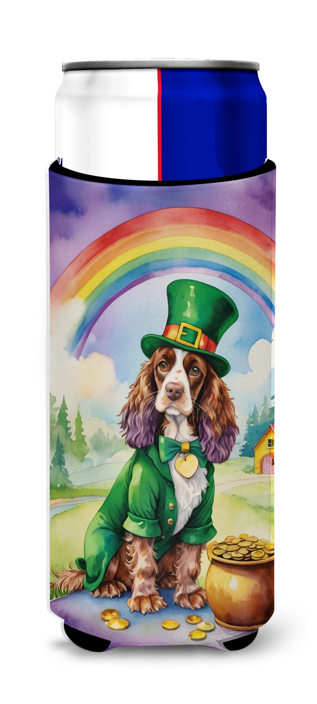 English Cocker Spaniel St Patrick's Day Slim Can Hugger , Insulated Foam Hugger for 12 oz Slim Cans, Beer Bottles & Water Bottles, Printed in USA