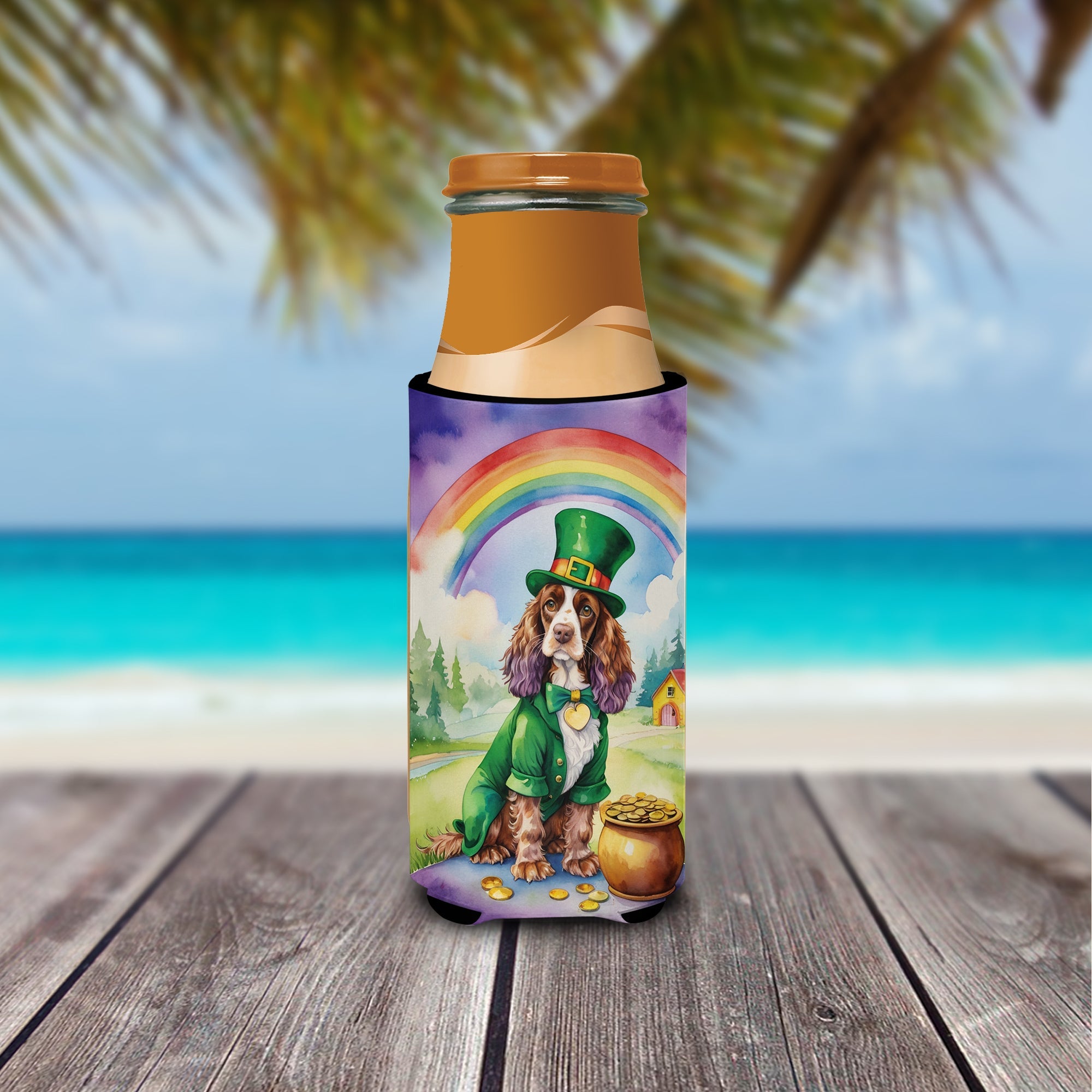 English Cocker Spaniel St Patrick's Day Slim Can Hugger , Insulated Foam Hugger for 12 oz Slim Cans, Beer Bottles & Water Bottles, Printed in USA