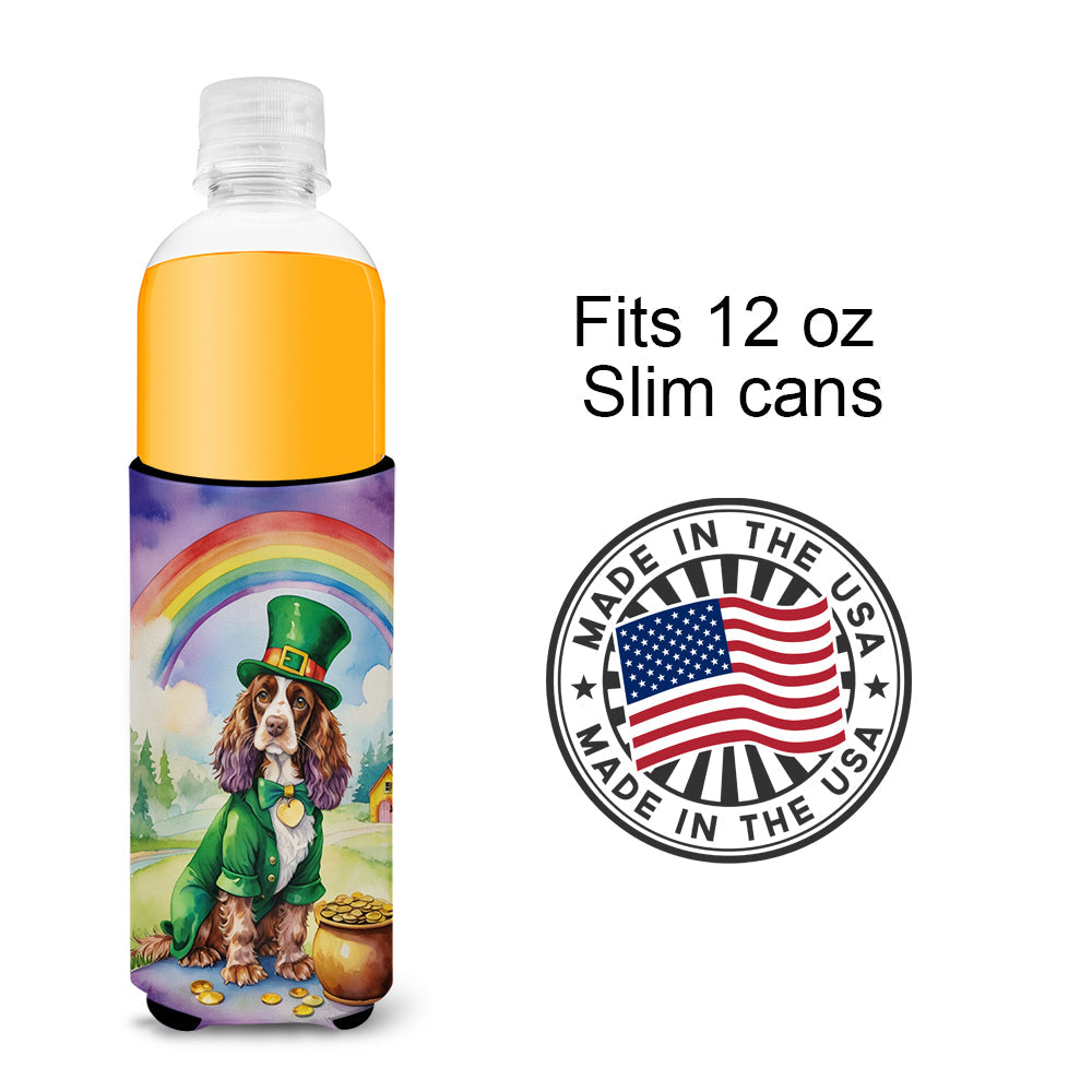 English Cocker Spaniel St Patrick's Day Slim Can Hugger , Insulated Foam Hugger for 12 oz Slim Cans, Beer Bottles & Water Bottles, Printed in USA