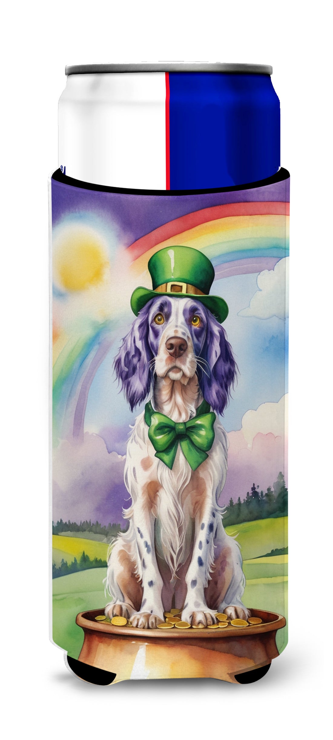 English Setter St Patrick's Day Slim Can Hugger , Insulated Foam Hugger for 12 oz Slim Cans, Beer Bottles & Water Bottles, Printed in USA