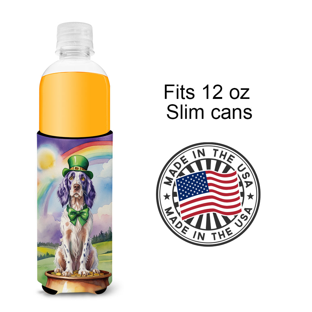 English Setter St Patrick's Day Slim Can Hugger , Insulated Foam Hugger for 12 oz Slim Cans, Beer Bottles & Water Bottles, Printed in USA