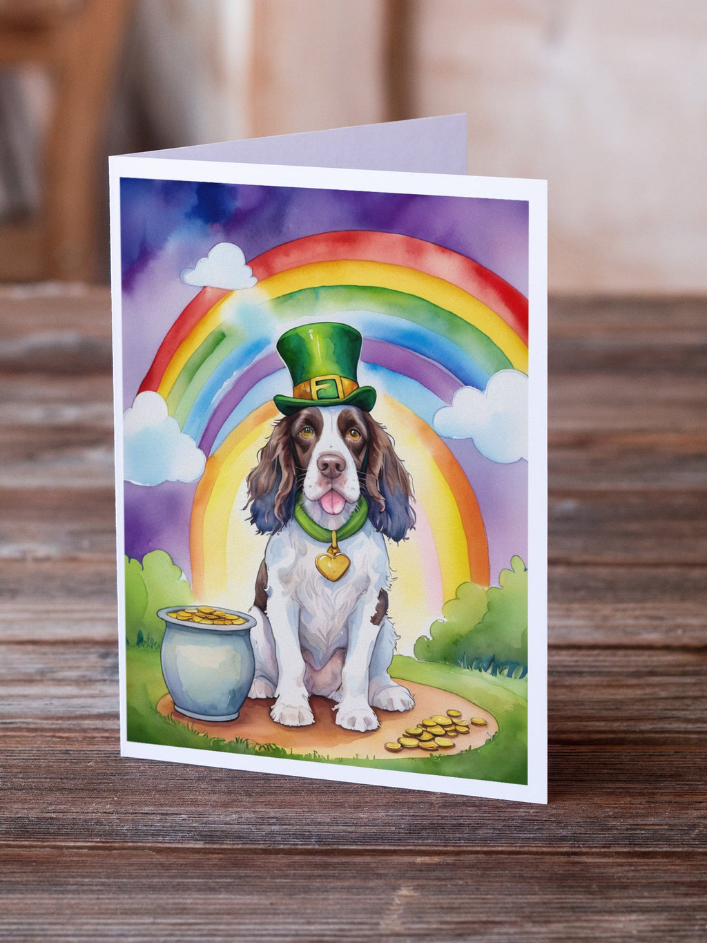 English Springer Spaniel St Patrick's Day Greeting Cards Pack of 8 Blank Cards with Envelopes Whimsical A7 Size 5x7