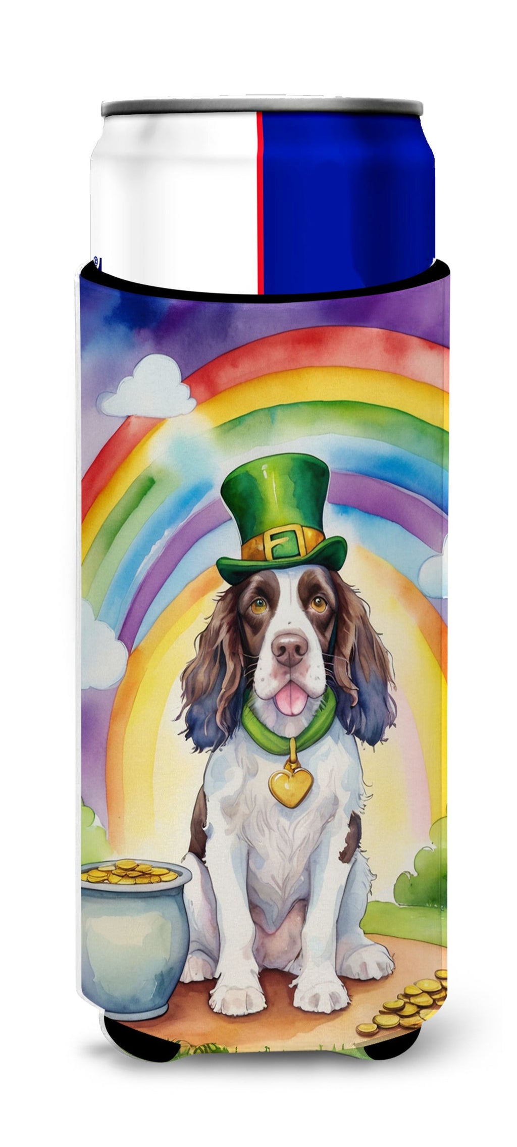 English Springer Spaniel St Patrick's Day Slim Can Hugger , Insulated Foam Hugger for 12 oz Slim Cans, Beer Bottles & Water Bottles, Printed in USA