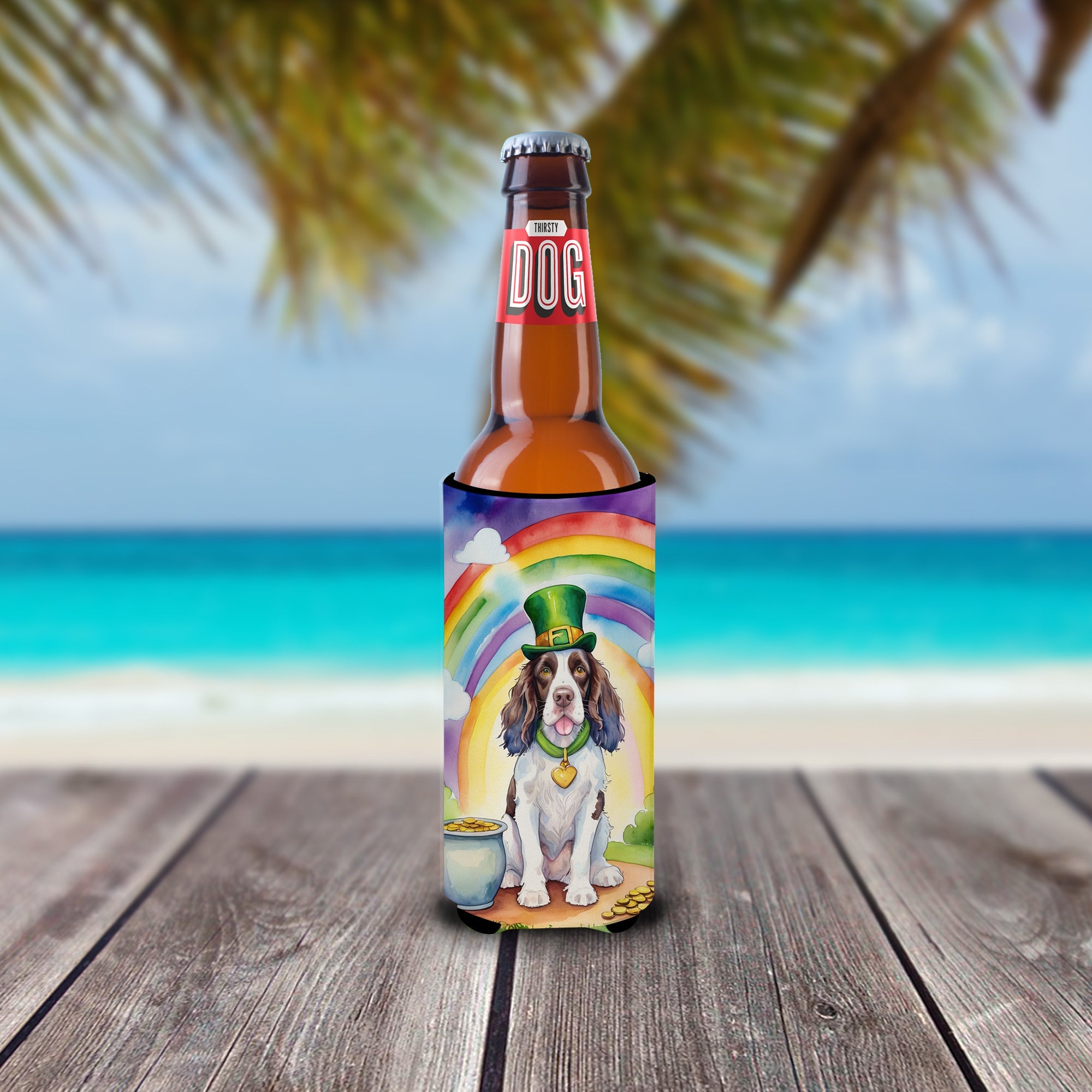 English Springer Spaniel St Patrick's Day Slim Can Hugger , Insulated Foam Hugger for 12 oz Slim Cans, Beer Bottles & Water Bottles, Printed in USA