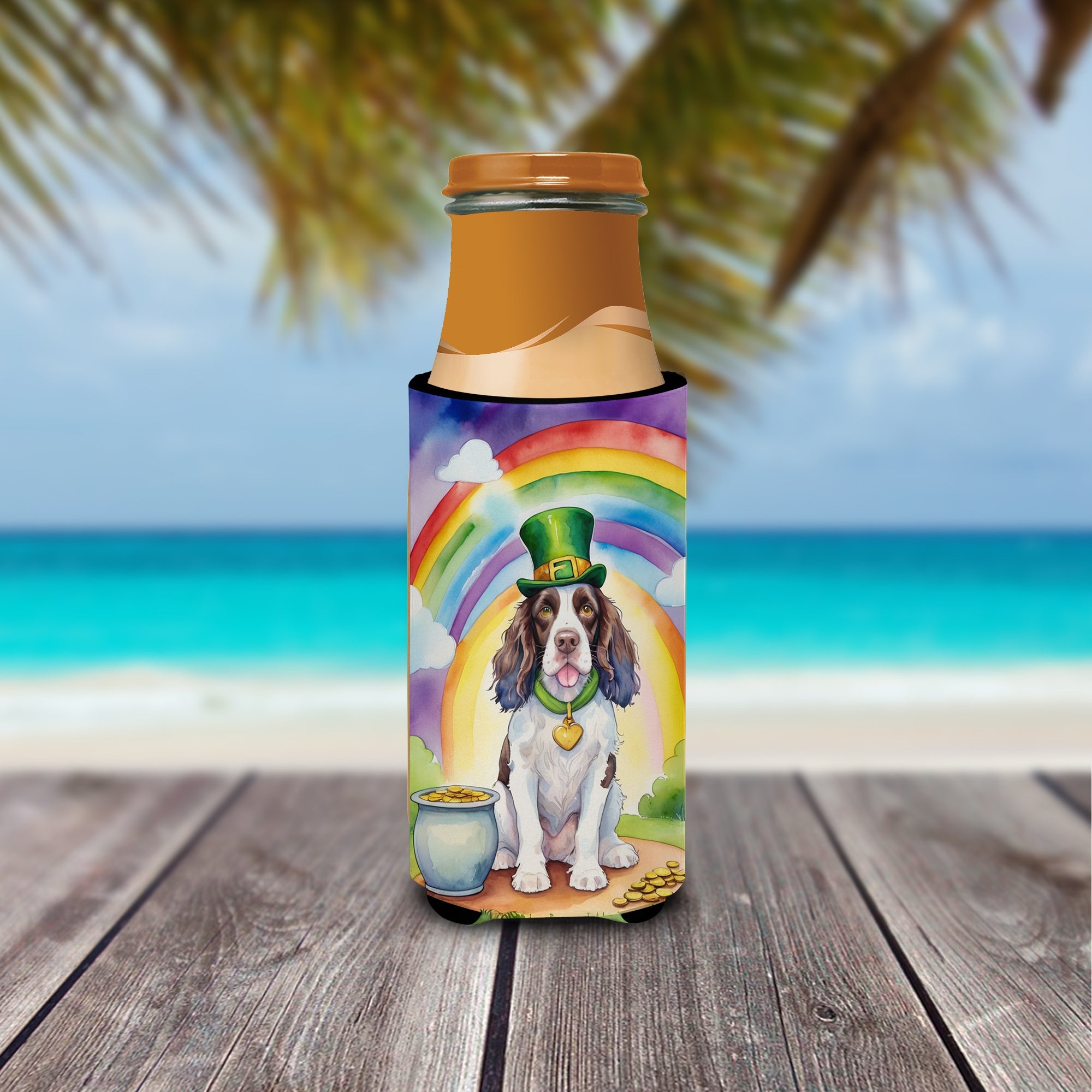 English Springer Spaniel St Patrick's Day Slim Can Hugger , Insulated Foam Hugger for 12 oz Slim Cans, Beer Bottles & Water Bottles, Printed in USA