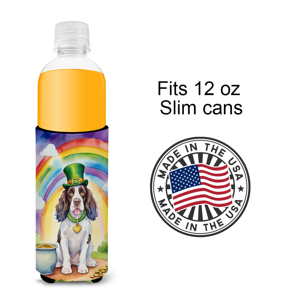 English Springer Spaniel St Patrick's Day Slim Can Hugger , Insulated Foam Hugger for 12 oz Slim Cans, Beer Bottles & Water Bottles, Printed in USA