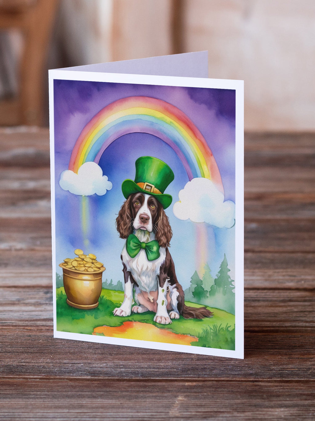 English Springer Spaniel St Patrick's Day Greeting Cards Pack of 8 Blank Cards with Envelopes Whimsical A7 Size 5x7
