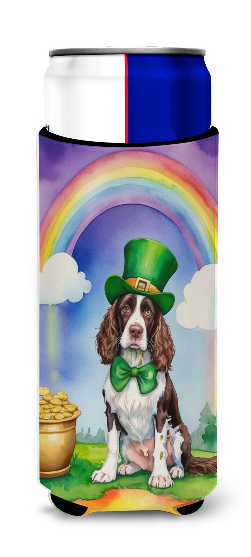 English Springer Spaniel St Patrick's Day Slim Can Hugger , Insulated Foam Hugger for 12 oz Slim Cans, Beer Bottles & Water Bottles, Printed in USA