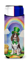 English Springer Spaniel St Patrick's Day Slim Can Hugger , Insulated Foam Hugger for 12 oz Slim Cans, Beer Bottles & Water Bottles, Printed in USA