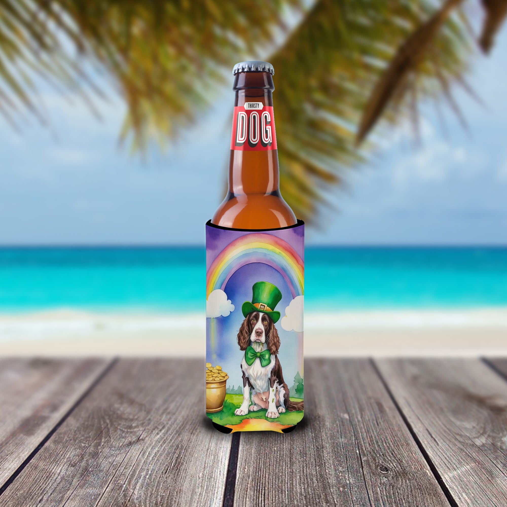 English Springer Spaniel St Patrick's Day Slim Can Hugger , Insulated Foam Hugger for 12 oz Slim Cans, Beer Bottles & Water Bottles, Printed in USA