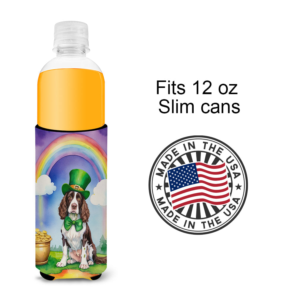 English Springer Spaniel St Patrick's Day Slim Can Hugger , Insulated Foam Hugger for 12 oz Slim Cans, Beer Bottles & Water Bottles, Printed in USA