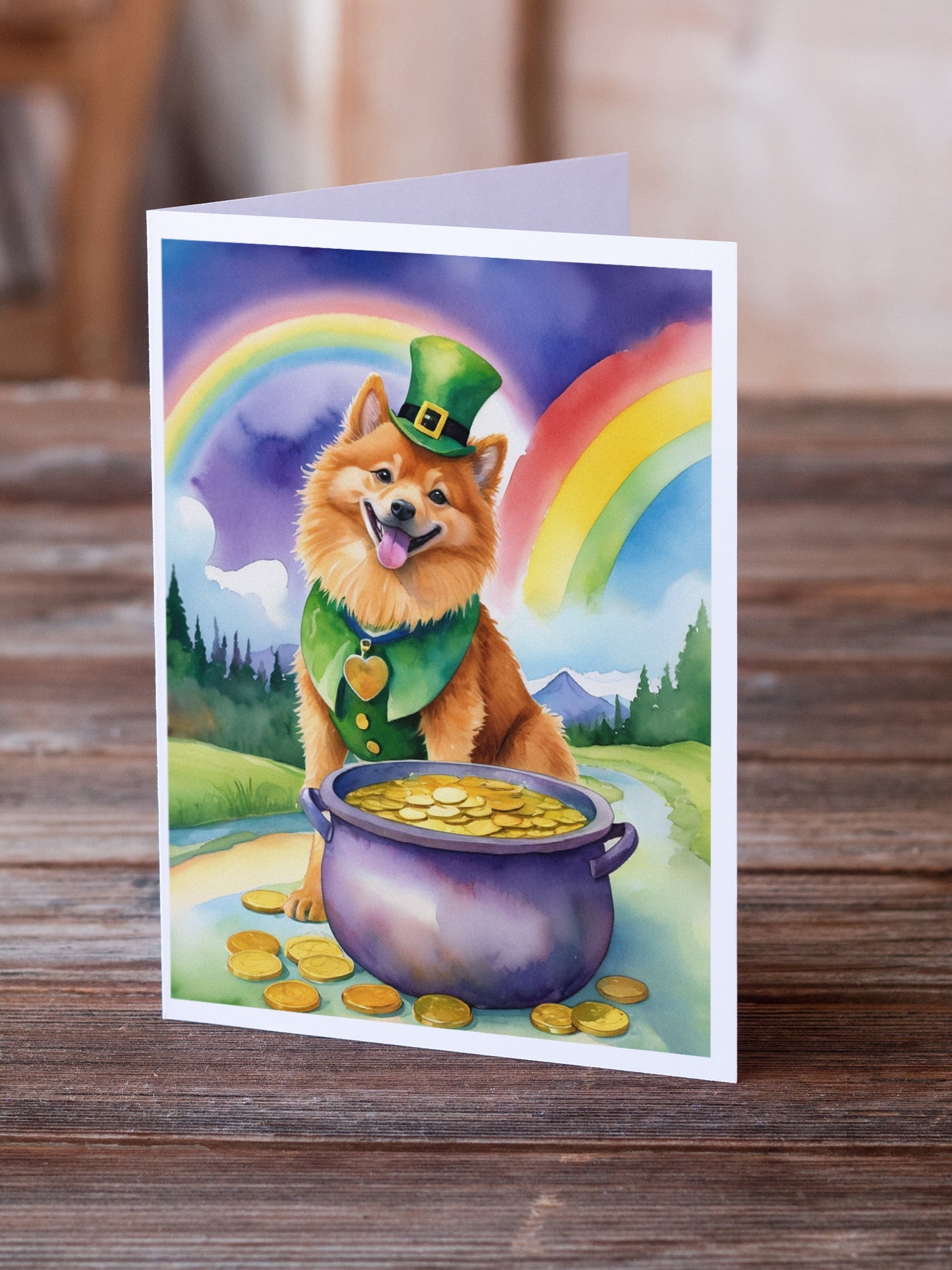 Finnish Spitz St Patrick's Day Greeting Cards Pack of 8 Blank Cards with Envelopes Whimsical A7 Size 5x7