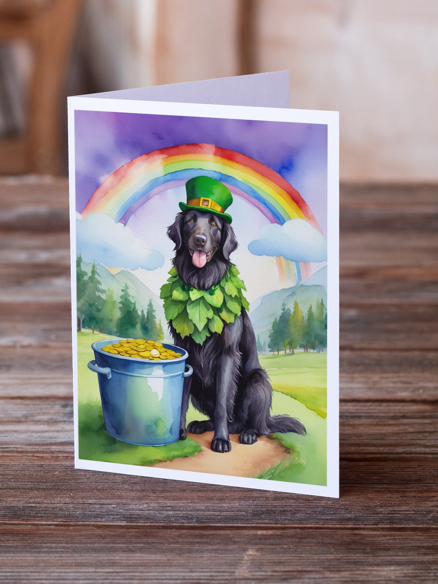 Flat-Coated Retriever St Patrick's Day Greeting Cards Pack of 8 Blank Cards with Envelopes Whimsical A7 Size 5x7