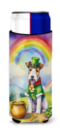 Fox Terrier St Patrick's Day Slim Can Hugger , Insulated Foam Hugger for 12 oz Slim Cans, Beer Bottles & Water Bottles, Printed in USA