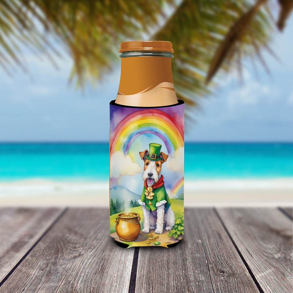 Fox Terrier St Patrick's Day Slim Can Hugger , Insulated Foam Hugger for 12 oz Slim Cans, Beer Bottles & Water Bottles, Printed in USA
