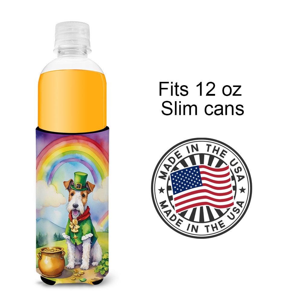 Fox Terrier St Patrick's Day Slim Can Hugger , Insulated Foam Hugger for 12 oz Slim Cans, Beer Bottles & Water Bottles, Printed in USA