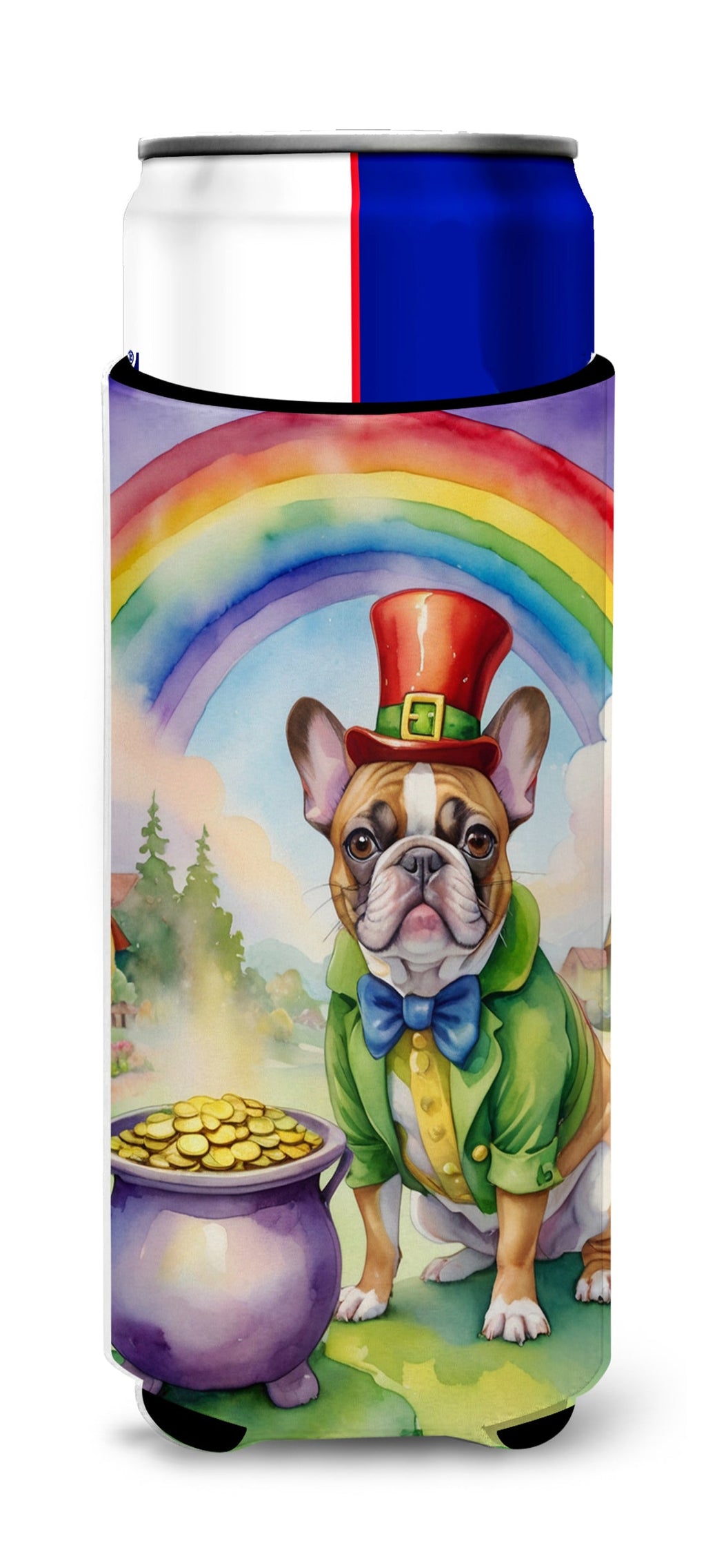 French Bulldog St Patrick's Day Slim Can Hugger , Insulated Foam Hugger for 12 oz Slim Cans, Beer Bottles & Water Bottles, Printed in USA