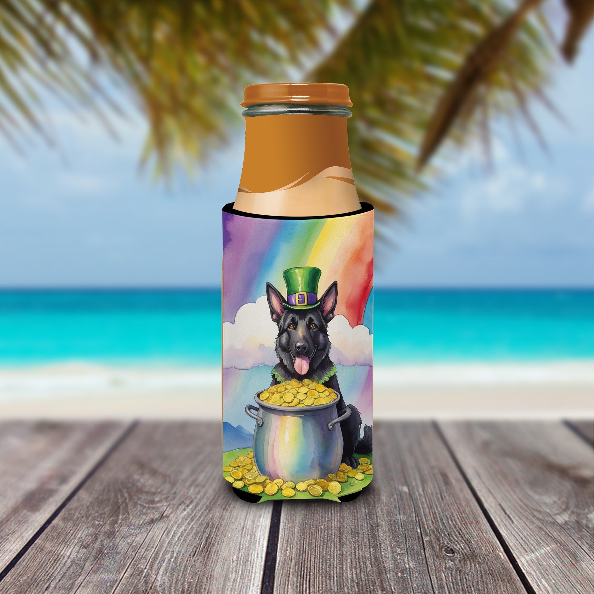 German Shepherd St Patrick's Day Slim Can Hugger , Insulated Foam Hugger for 12 oz Slim Cans, Beer Bottles & Water Bottles, Printed in USA