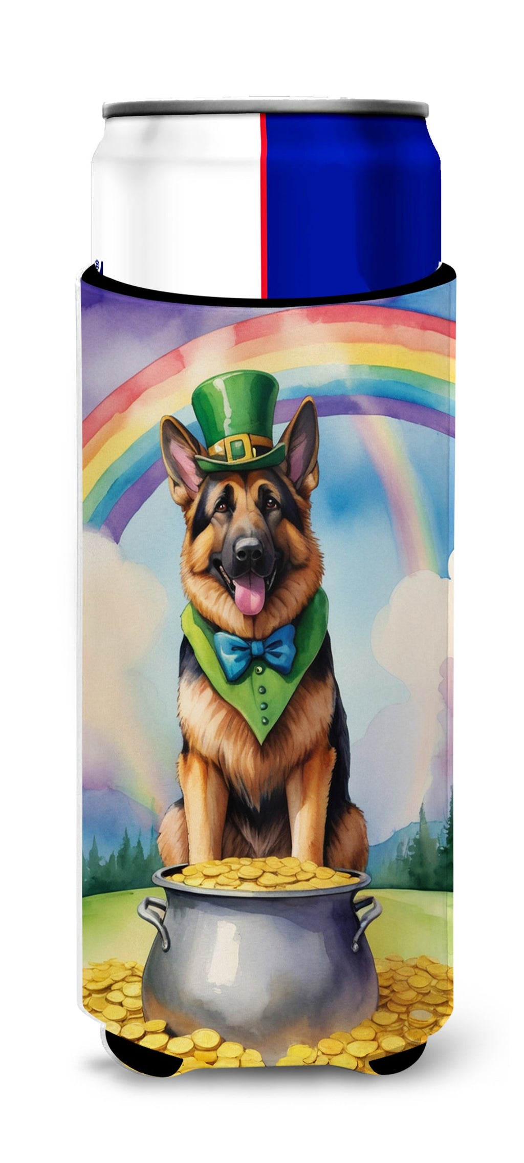 German Shepherd St Patrick's Day Slim Can Hugger , Insulated Foam Hugger for 12 oz Slim Cans, Beer Bottles & Water Bottles, Printed in USA