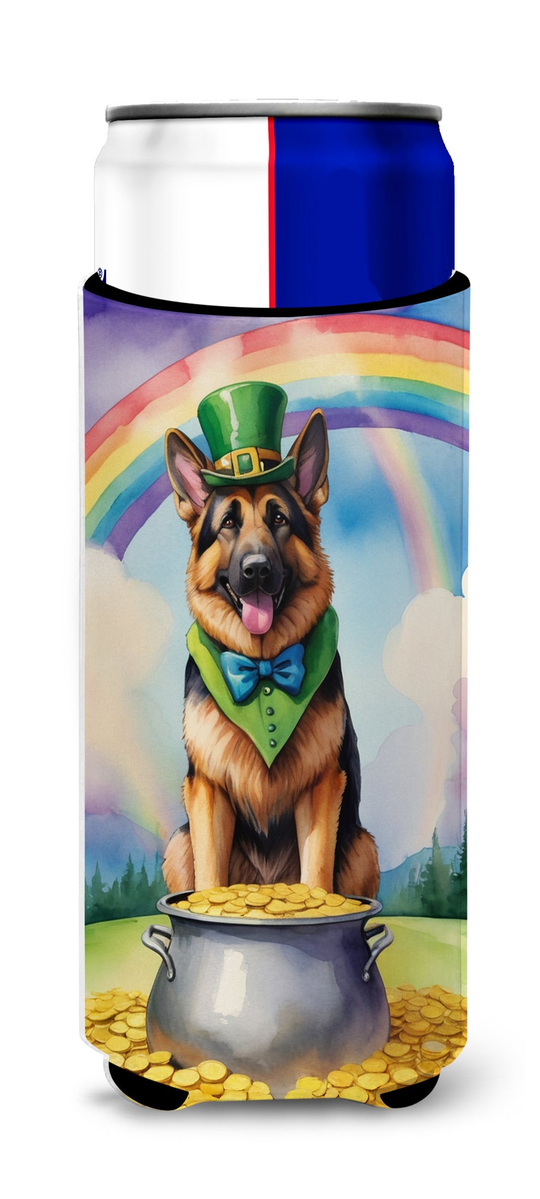 German Shepherd St Patrick's Day Slim Can Hugger , Insulated Foam Hugger for 12 oz Slim Cans, Beer Bottles & Water Bottles, Printed in USA