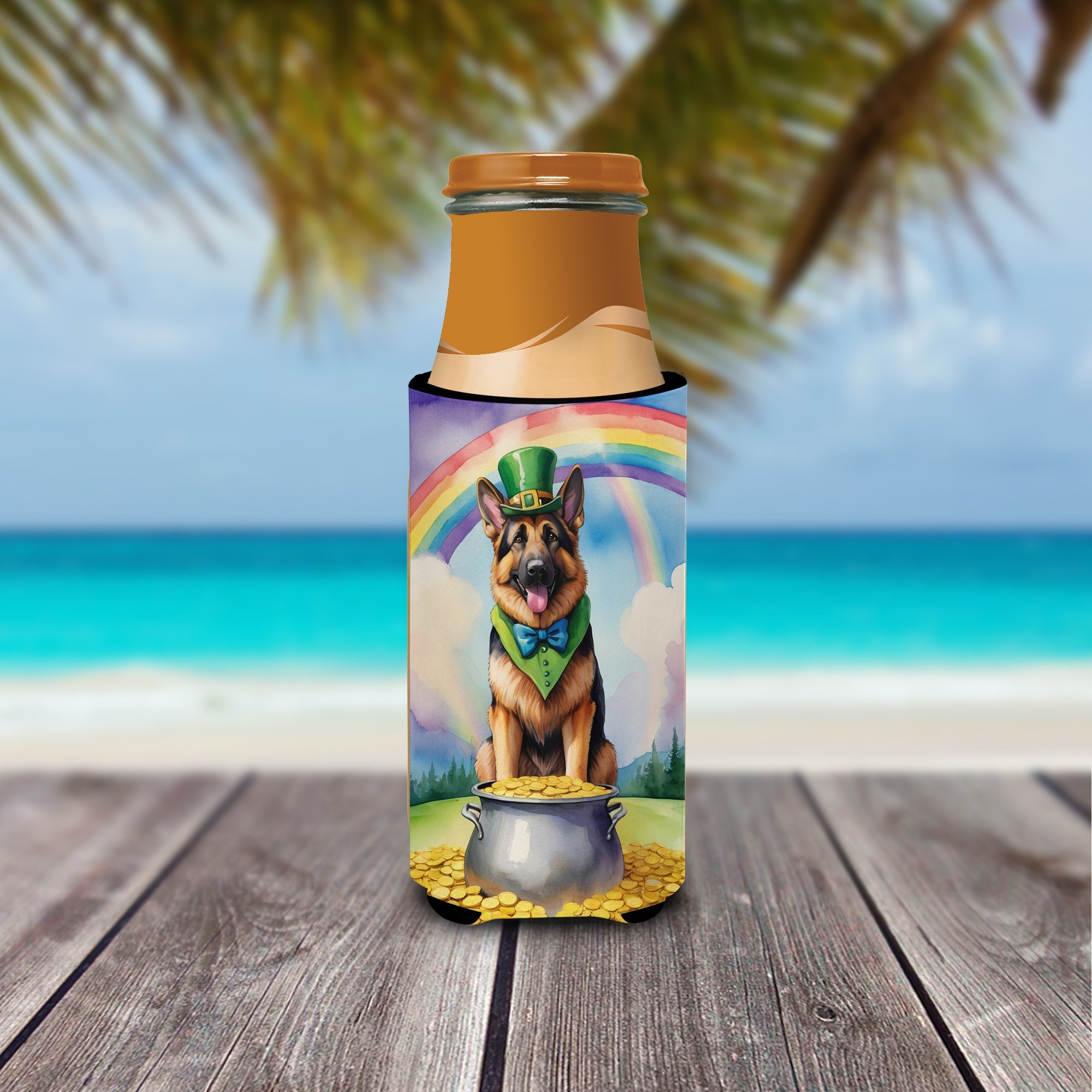 German Shepherd St Patrick's Day Slim Can Hugger , Insulated Foam Hugger for 12 oz Slim Cans, Beer Bottles & Water Bottles, Printed in USA