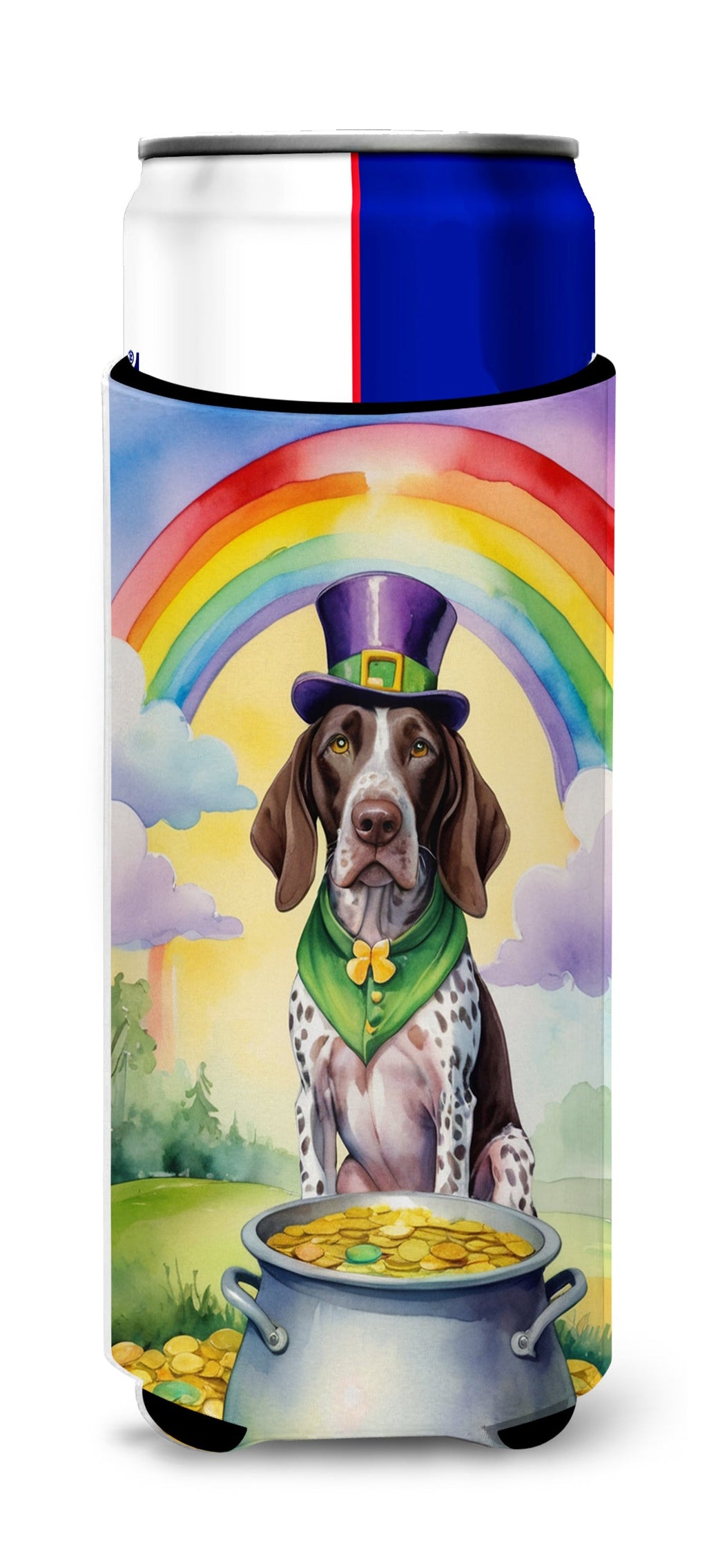 German Shorthaired Pointer St Patrick's Day Slim Can Hugger , Insulated Foam Hugger for 12 oz Slim Cans, Beer Bottles & Water Bottles, Printed in USA