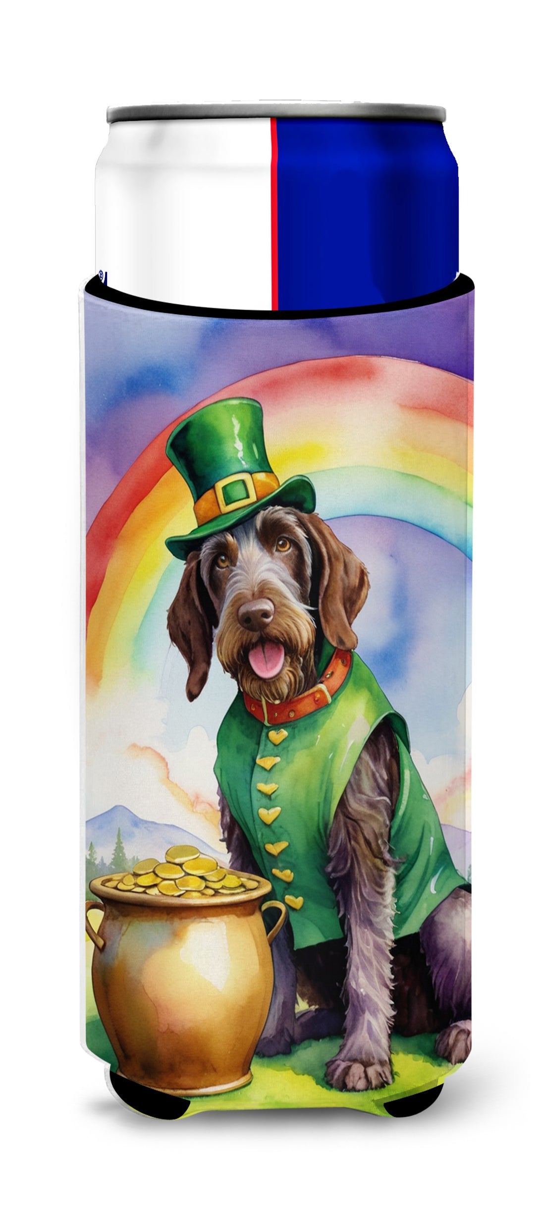 German Wirehaired Pointer St Patrick's Day Slim Can Hugger , Insulated Foam Hugger for 12 oz Slim Cans, Beer Bottles & Water Bottles, Printed in USA