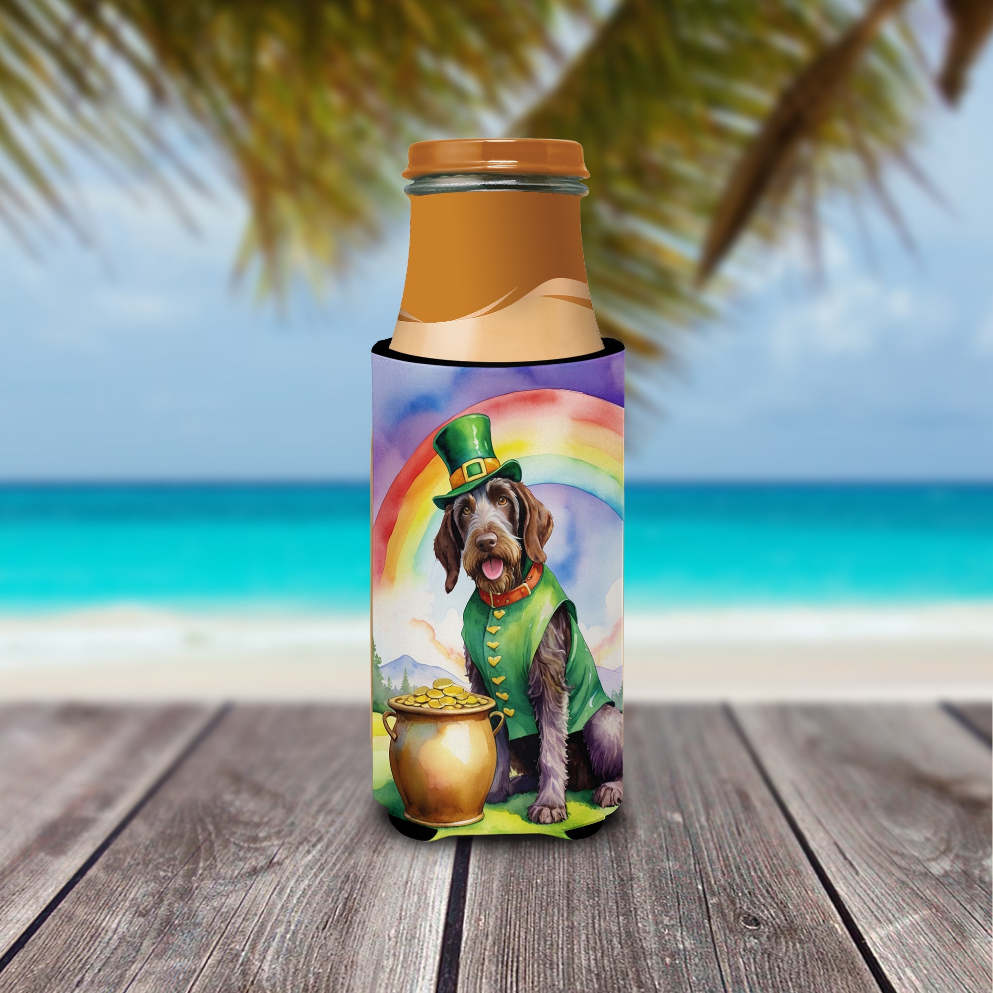 German Wirehaired Pointer St Patrick's Day Slim Can Hugger , Insulated Foam Hugger for 12 oz Slim Cans, Beer Bottles & Water Bottles, Printed in USA